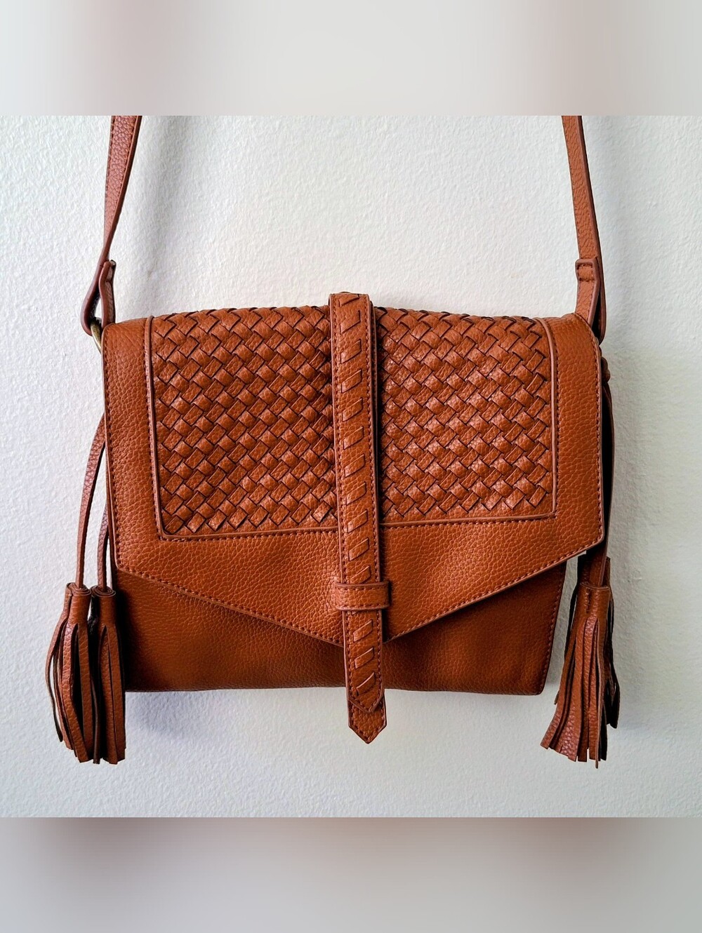 Brown Woven Leather Crossbody Tassel Bag